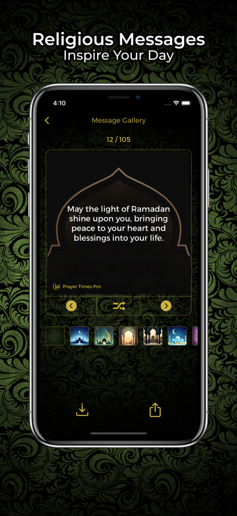 Islamic religious messages gallery with a Ramadan quote on the Prayer Times app