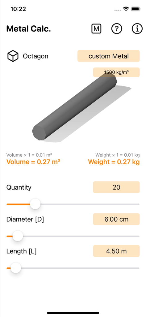 Calcul du volume et du poids de la barre octogonale sur l'interface de l'application Metal Calculator Plus.