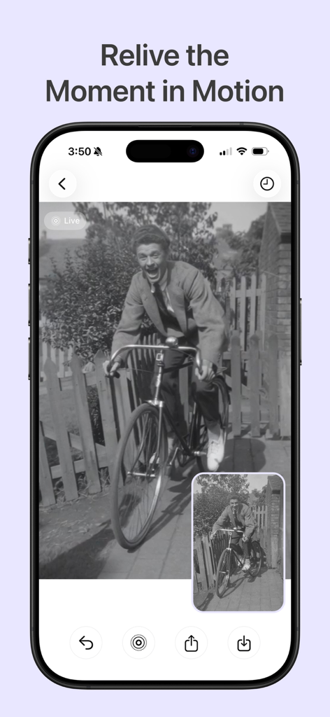 GenLive: AI Video & Live Photo - Interfaccia dell'app GenLive che anima una foto vintage in bianco e nero di un uomo in bicicletta.