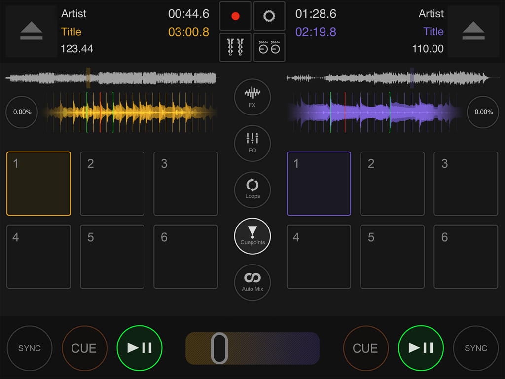 Professional DJ mixing interface on iPad with dual decks waveforms and hot cues
