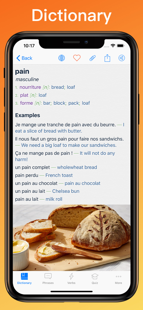 French English dictionary app showing the definition and usage examples for the word pain meaning bread