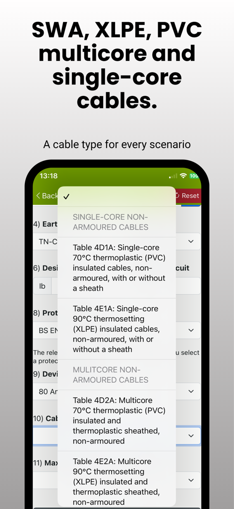 Cable Calc - A menu in the Cable Calc app showing different cable type options including single-core and multicore PVC and XLPE cables based on BS 7671 standards.