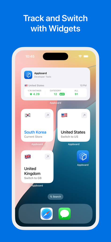 Appboard: Global App Rankings - iOS home screen featuring Appboard widgets for tracking global rankings and switching regional stores