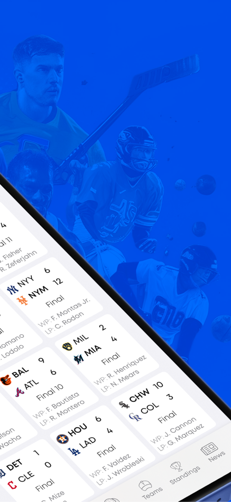 Interfaz de la aplicación móvil Alertas Deportivas mostrando resultados y marcadores de béisbol MLB en tiempo real