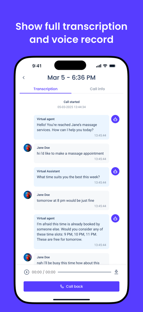 Voctiv - AI call assistant - A screenshot of the Voctiv app showing a full call transcription and audio recording playback of an AI assistant handling a customer booking.