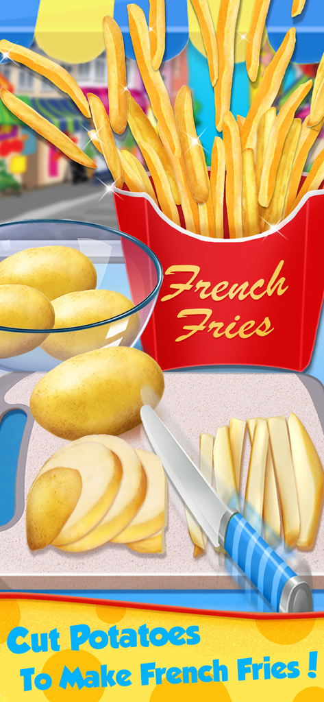 Un écran de simulation de cuisine montrant un couteau coupant des pommes de terre sur une planche à découper pour faire des frites
