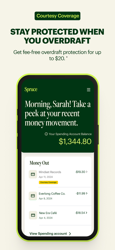 Spruce – Mobile banking - Spruce mobile banking app interface showing fee free overdraft protection and spending account transactions
