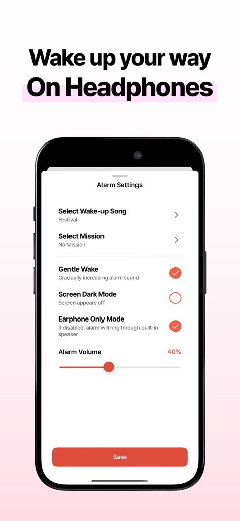 Kkokkio App-Weckereinstellungen-Bildschirm mit Nur-Kopfhörer-Modus und Lautstärkeregelung