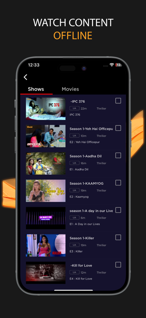 Mastii: OTT, Web Series, Shows - Mastii app interface showing a list of Hindi web series available for offline viewing.