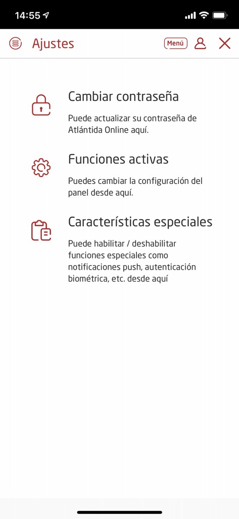 Atlántida Móvil - Settings menu of the Atlantida Movil banking app showing options for password changes and security configurations
