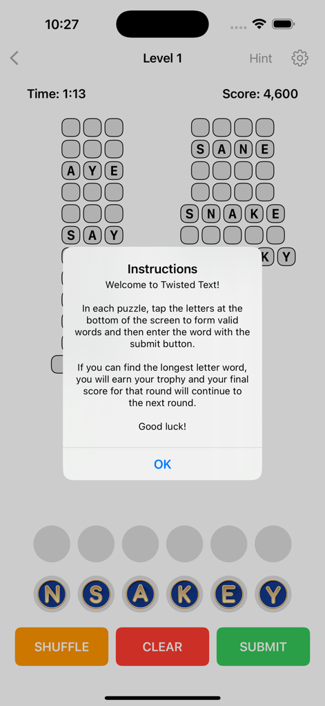 Twisted Text Word Game - Twisted Text Word Game mobile app interface showing a level instructions popup with gameplay rules and letter tiles
