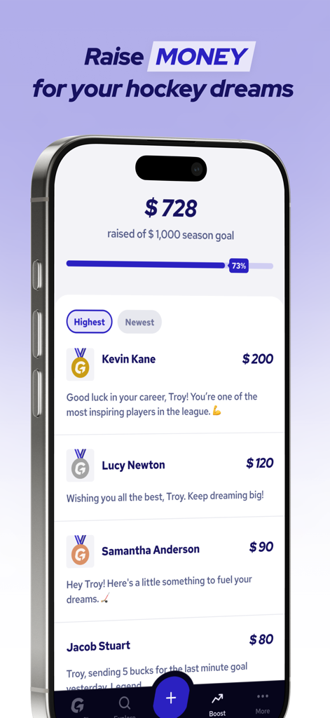 GRAET - Interface of the GRAET app showing the Boost feature for raising money for hockey dreams with a progress bar and a list of supporters.