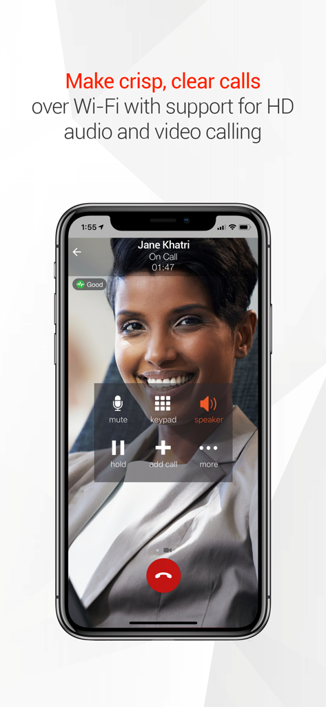 Bria VoIP softphone interface showing an active high-definition video call with professional call controls