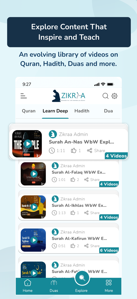 Zikraa app interface showing an evolving library of video lessons for Quran Hadith and Duas with word by word explanations