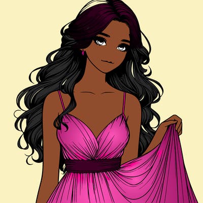 realistic girl in flowy silky prom dress