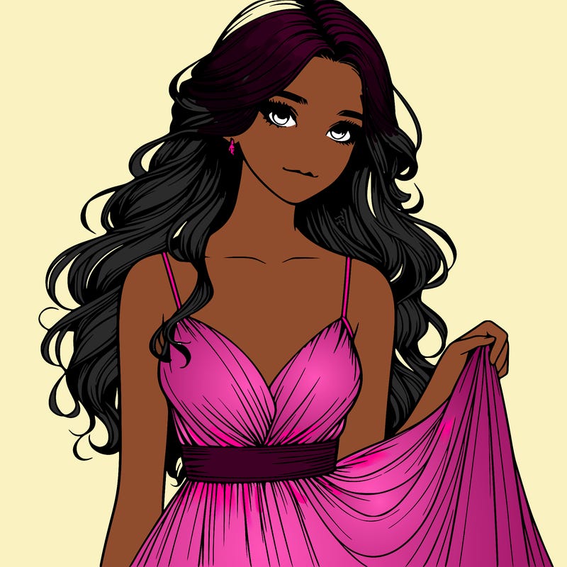 realistic girl in flowy silky prom dress