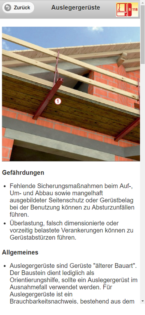 Bausteine der BG BAU - Información de seguridad para andamios voladizos en la aplicación Bausteine der BG BAU