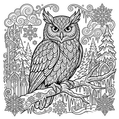 Unleash your creativity with this mesmerizing coloring page featuring a majestic owl in a frosty gothic winter landscape. Its intricate details and mysterious atmosphere promise a captivating artistic experience for all ages.