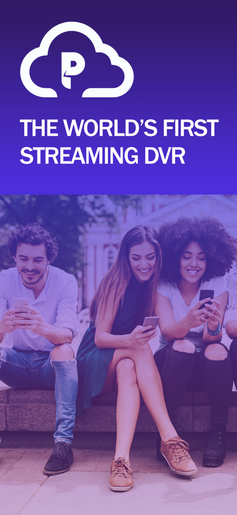 모바일 기기를 사용하는 사람들과 함께 있는 세계 최초 스트리밍 DVR을 위한 PlayOn Cloud 로고 및 슬로건