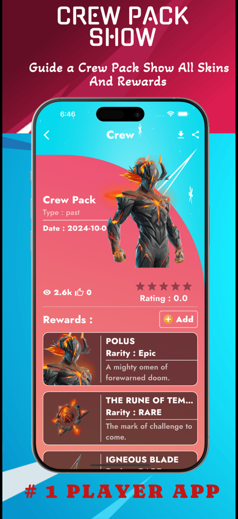 Battle Royale Stats: Fortnite - Mobile screen showing Fortnite Crew Pack rewards including the Polus skin and Rune of Temptation.