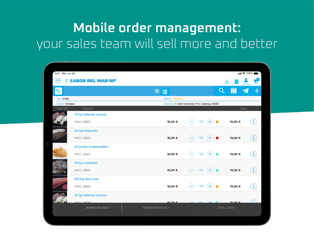 Interfaz de la aplicación Catalog Player mostrando la gestión de pedidos móviles en un iPad
