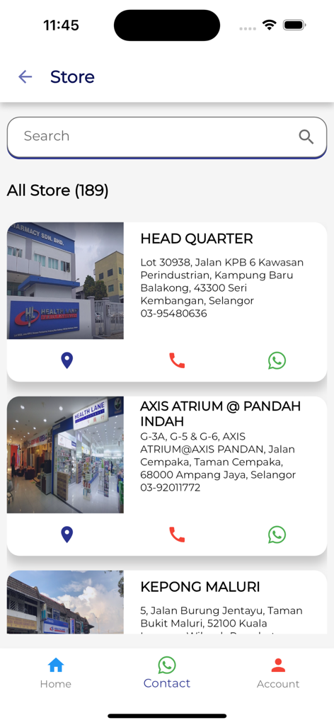 Health Lane Pharmacy - Health Lane Pharmacy app store locator screen displaying outlet locations and contact information