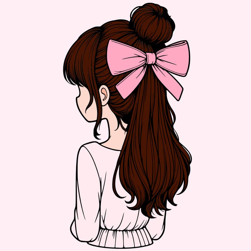 realistic girl  with hip length hair a bun and a big bow on the back of head