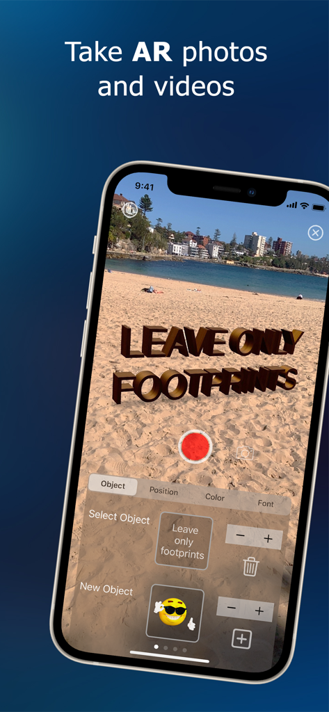 A smartphone using the Textar app to display 3D augmented reality text on a sandy beach