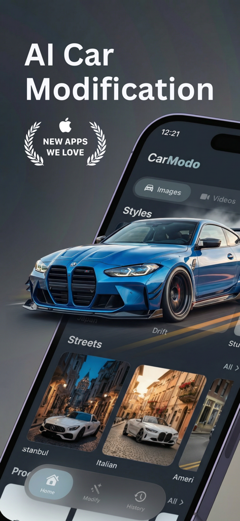 AI Car Modification - CarModo - CarModo mobile app interface for AI car modification and cinematic scene creation.