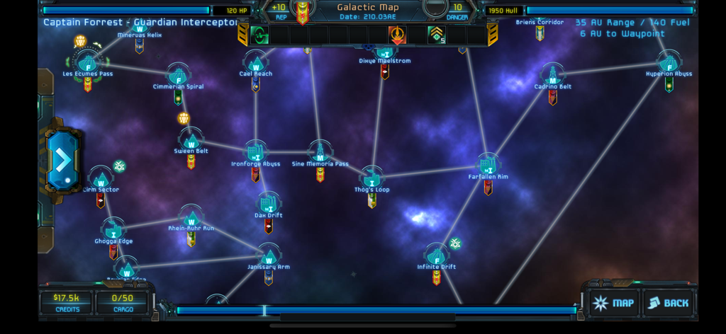 Galaktische Karte von Star Traders Frontiers, die miteinander verbundene Sternensysteme und Navigationsrouten zeigt.