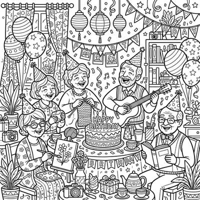 Celebrate life's milestones with this joyful senior birthday party coloring page. It features cheerful elders enjoying hobbies like knitting, painting, music, and reading, amidst festive decorations.