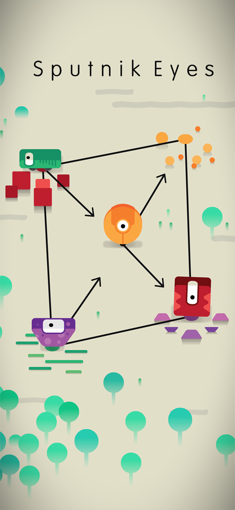 Sputnik Eyes - A puzzle level in Sputnik Eyes with colorful robots and connecting paths.