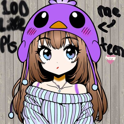 anime girl with chick shaped hat with sweater with bare shoulders with bangs covering them one eye with low tail