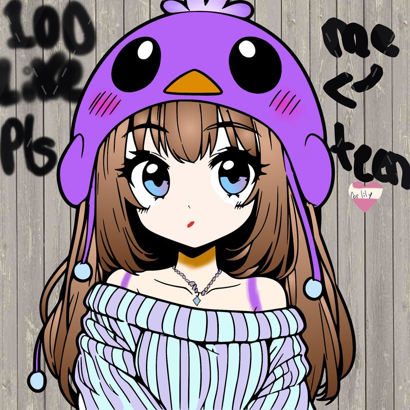 anime girl with chick shaped hat with sweater with bare shoulders with bangs covering them one eye with low tail