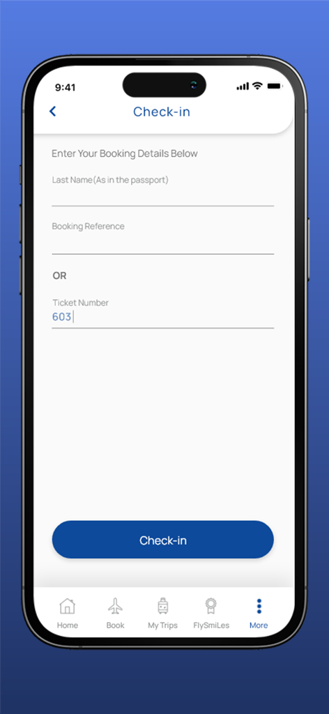 스리랑카 항공 앱의 체크인 화면. 예약 정보 입력란이 표시됩니다.