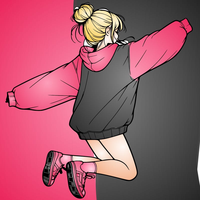 realistic girl jumping with a bun and oversized sweatshirt