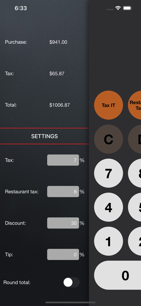Tax It - Sales Tax Calculator - Tax It アプリのインターフェース。売上税計算結果とユーザー設定が表示されています。