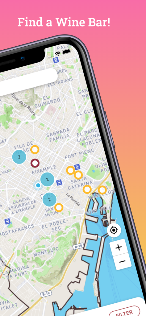 App WineMaps mostrando un mapa con marcadores para bares de vino locales
