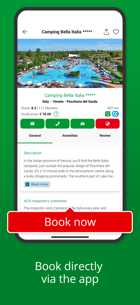 Screenshot of the ACSI Campsites Europe app displaying a campsite detail page with a large red Book Now button and inspector ratings