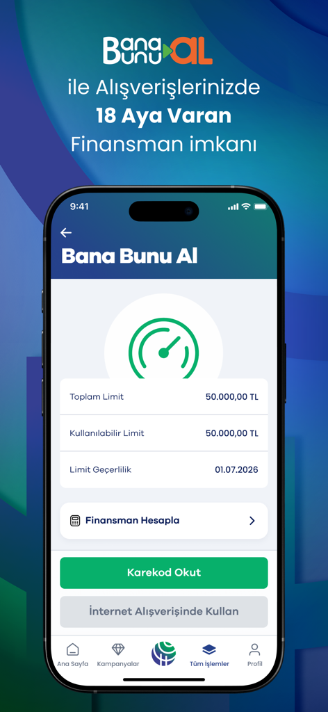 Hayat Finans - Mobile app screen for Hayat Finans showing the Bana Bunu Al shopping financing feature with a 50,000 TL limit and QR payment options.