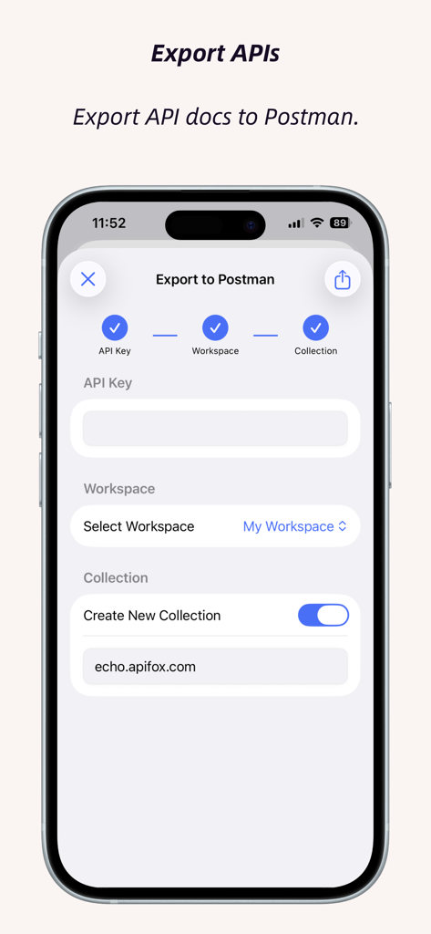 ApiCatcher - Capture HTTPS - Interface of ApiCatcher app showing the steps to export captured API documentation to a Postman workspace.
