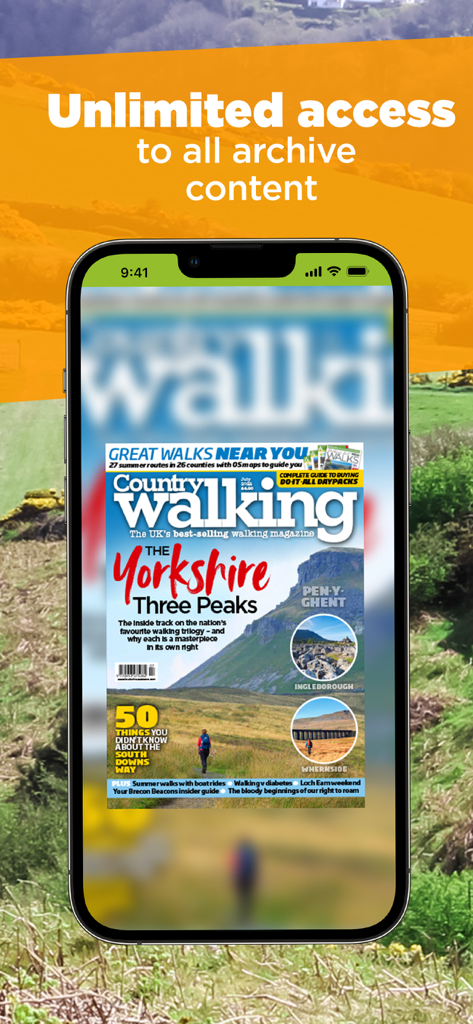 Country Walking Magazine - Smartphone displaying a Country Walking magazine cover with text highlighting unlimited access to archive content.