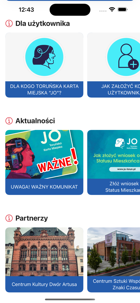 Dashboard of the JO-TORUŃ mobile app featuring user info news and local partners