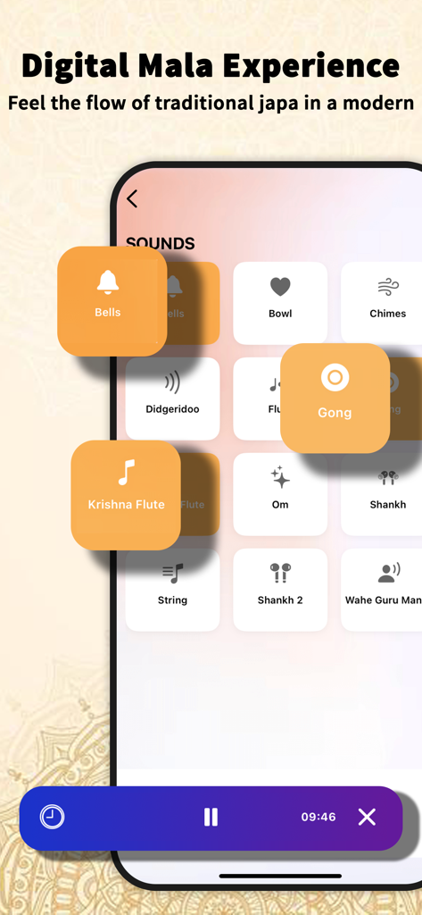 Japa Counter – Mantra Tracker - A menu in the Japa Counter app displaying various meditation sound options including bells, gong, and Krishna flute