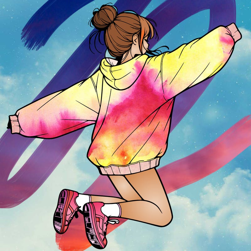 realistic girl jumping with a bun and oversized sweatshirt