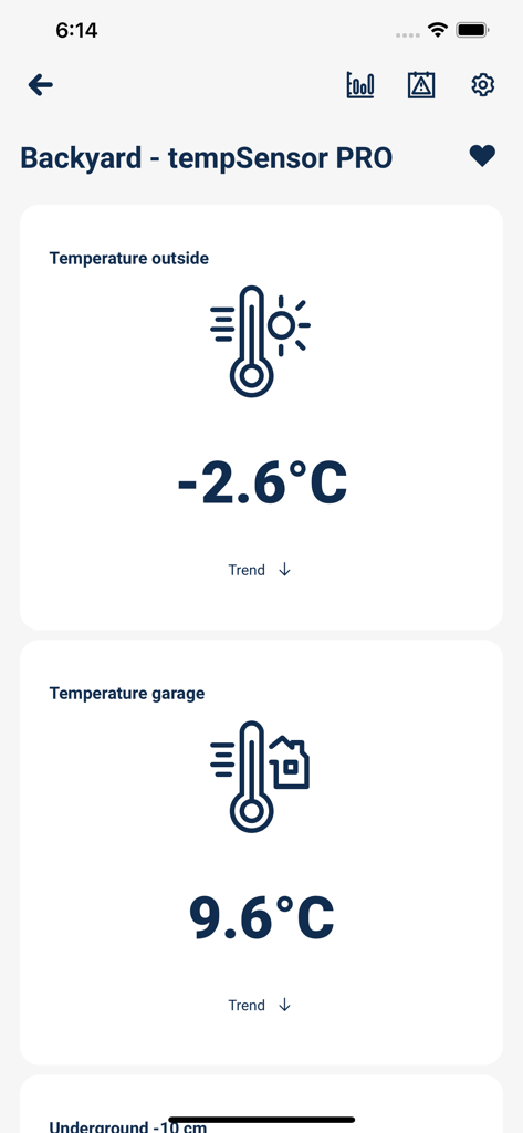 wBox by blebox.eu - wBox mobile app interface displaying real-time temperature readings for backyard and garage sensors
