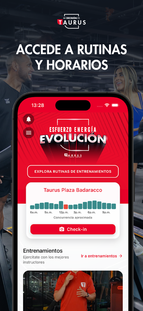 Taurus - Taurus fitness app interface displaying training routines and gym check-in