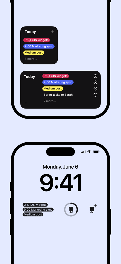 Widgets de la aplicación Tweek que muestran las tareas diarias en la pantalla de inicio y la pantalla de bloqueo de un iPhone
