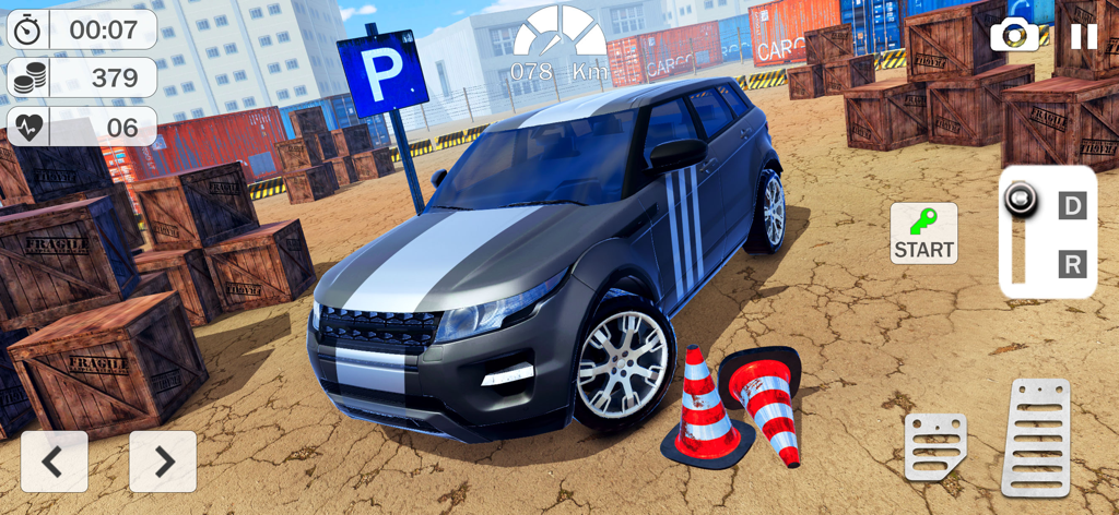 Prado Car Parking Driving Game - A luxury SUV in a cargo area with on-screen driving controls for a parking simulation game