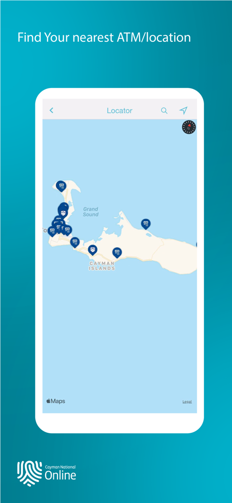 Cayman National - Cayman National mobile app showing ATM and branch locations on a map of Grand Cayman.